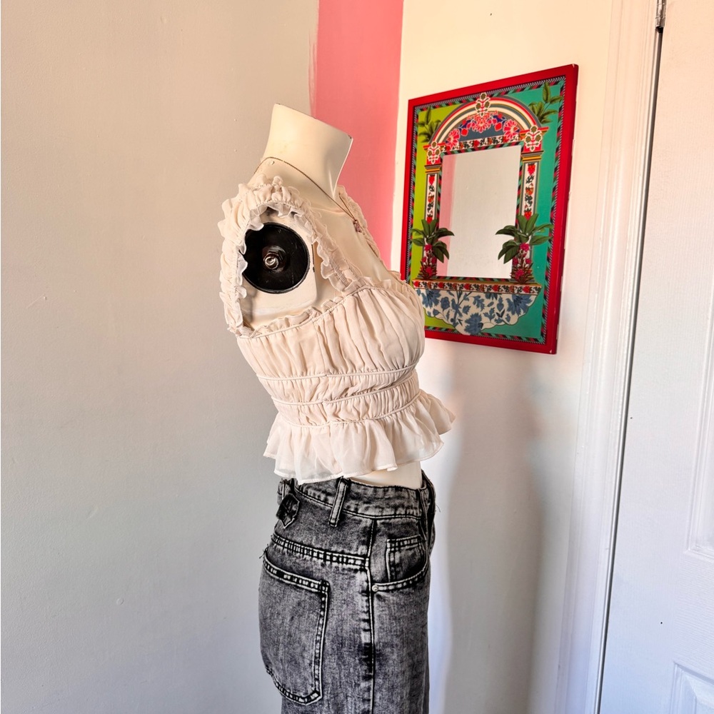 Cream Ruffled & Ruched Crop Top - Picture 3 of 6